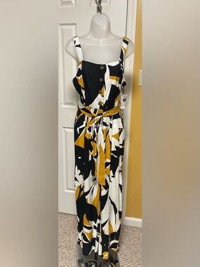 NWT - Nine West Black White and Mustard Abstract Tie-Waist Jumper